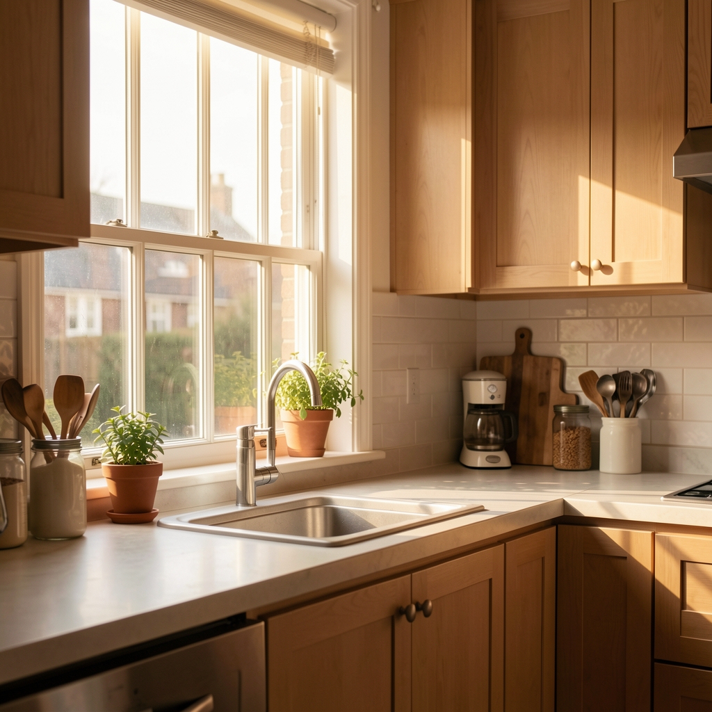 Morning light through a kitchen window, editorial studio composition, warm natural light