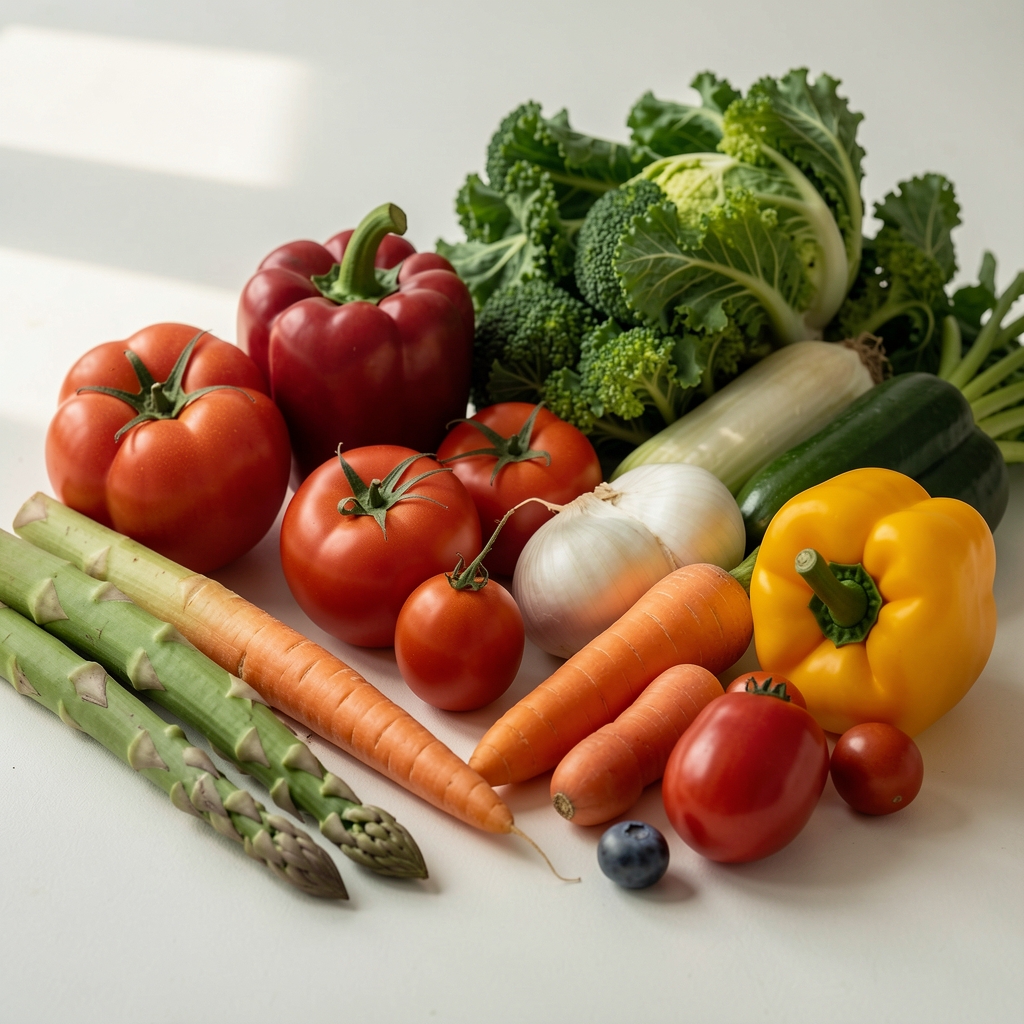 Seasonal vegetables arranged on a pale surface, editorial food composition in natural light