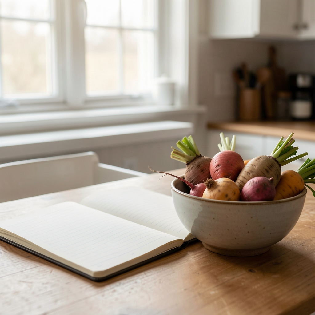 Open lined notebook resting beside a ceramic bowl holding seasonal root vegetables, soft diffused daylight from a kitchen window behind