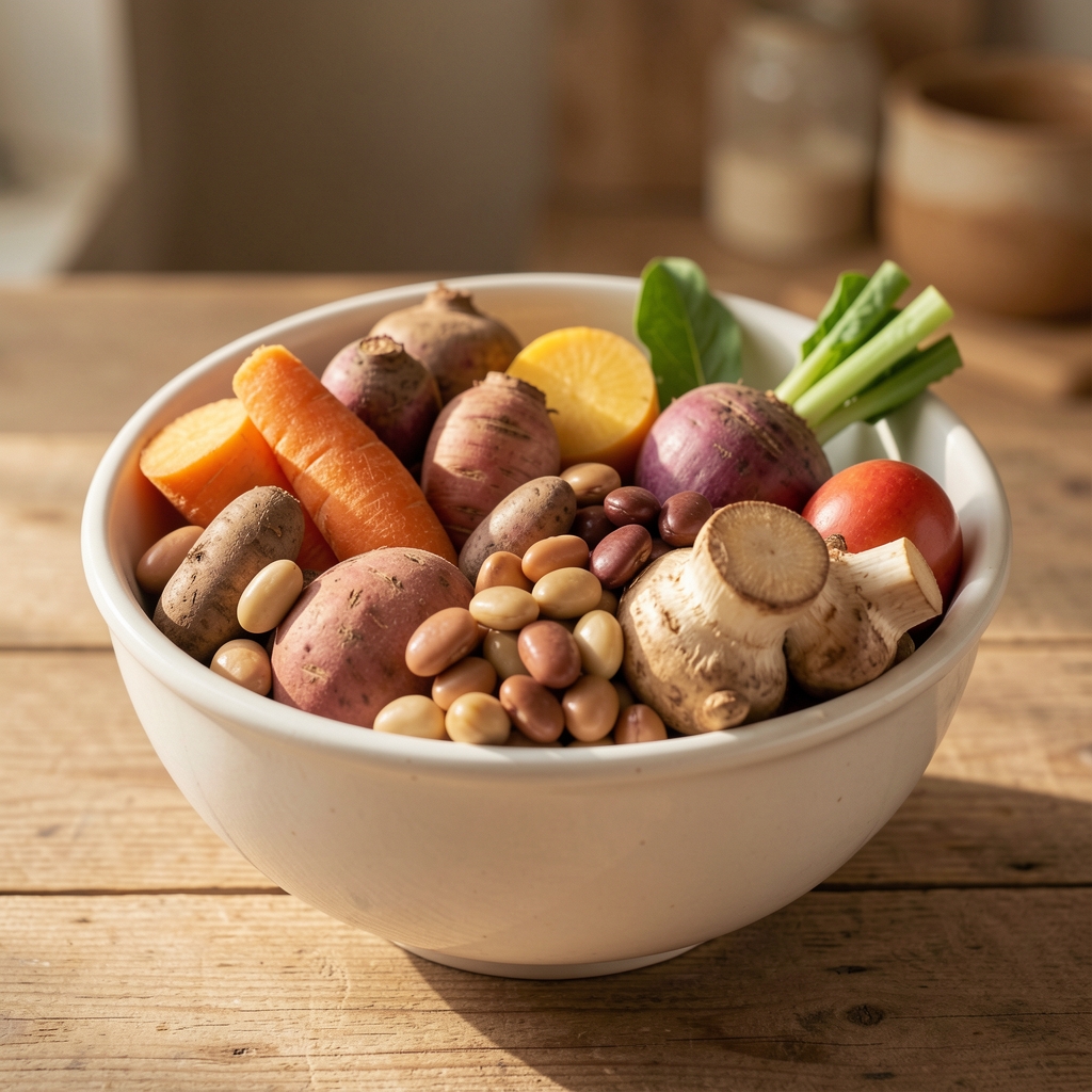 Bowl of whole foods including root vegetables and legumes in warm natural light, simple cooking composition