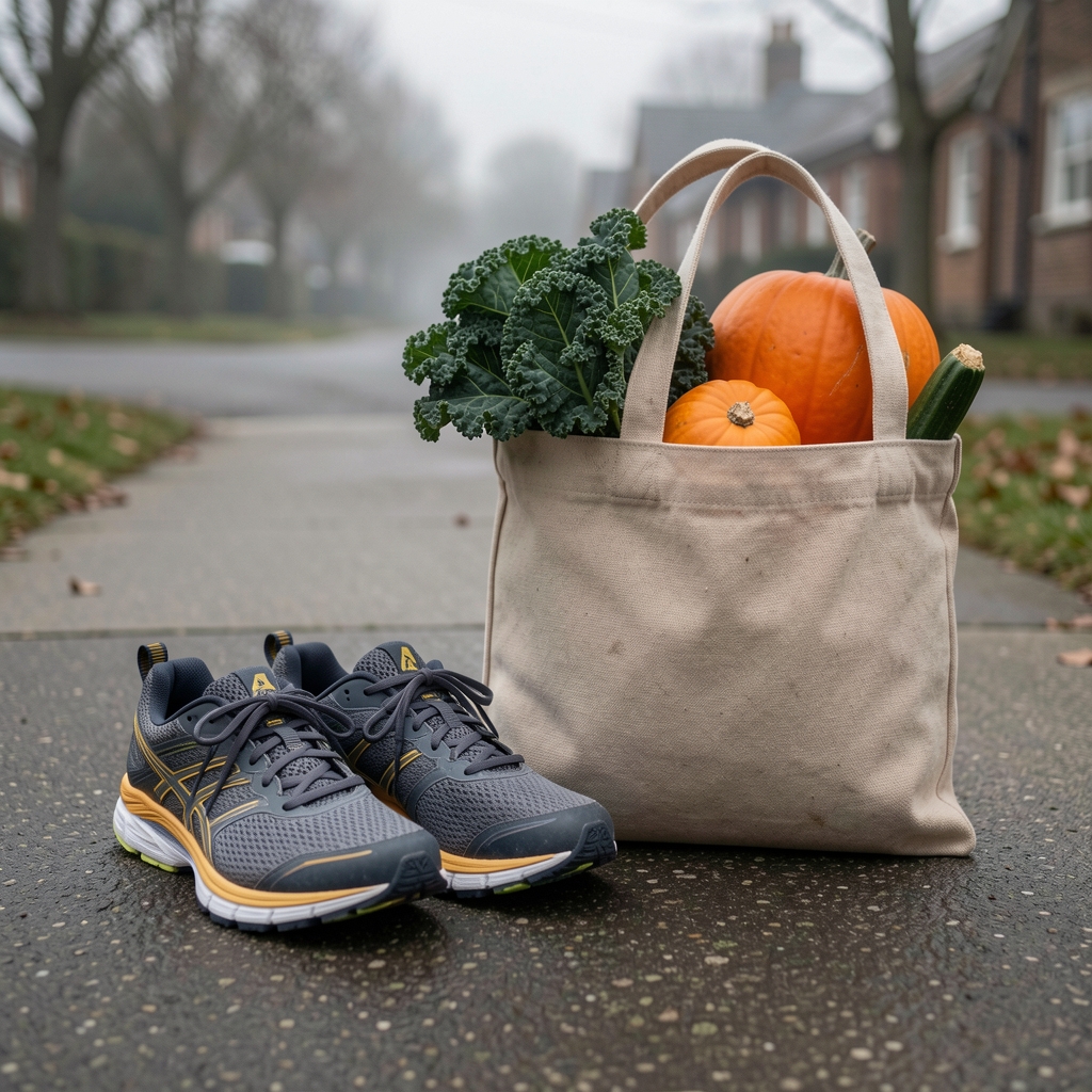 Running shoes placed on a pavement beside a canvas bag of seasonal produce including kale and winter squash, overcast morning light