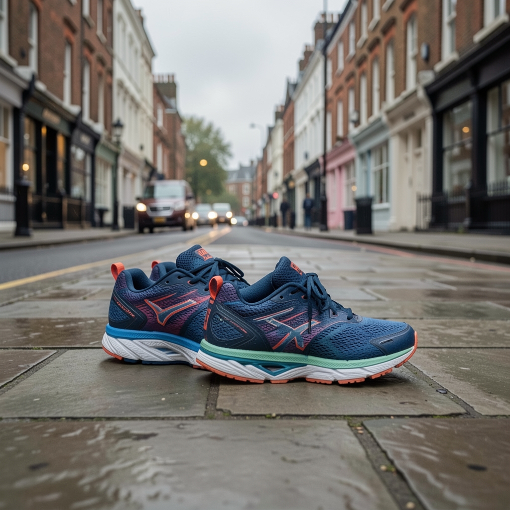 Running shoes on a London pavement in overcast morning light, active lifestyle documentary photograph