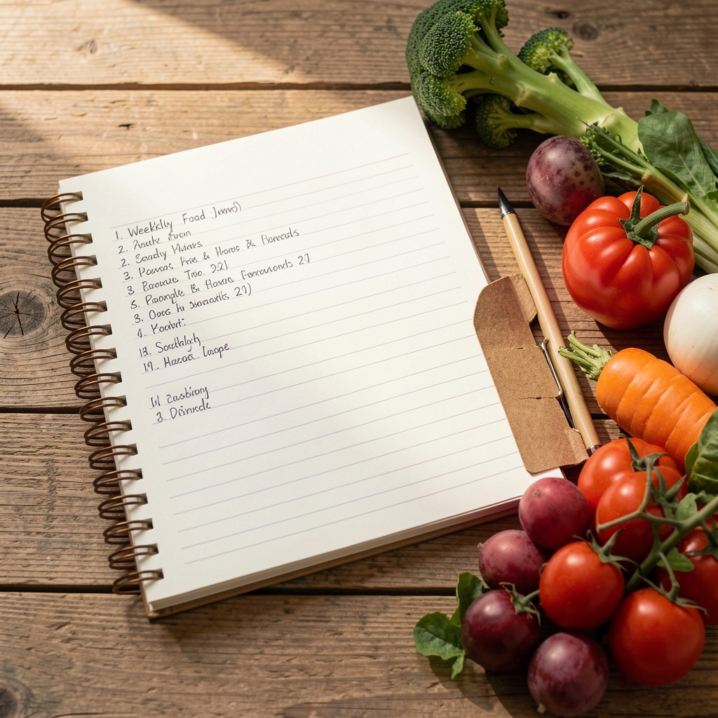 Spiral notebook open to a food journal page with a handwritten weekly log, seasonal vegetables arranged alongside on a wooden surface in natural daylight
