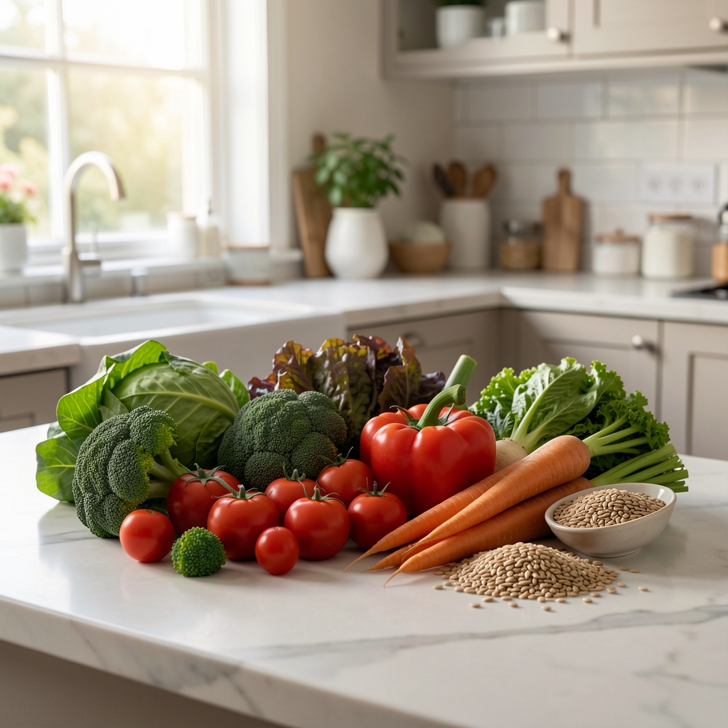 Fresh seasonal vegetables and whole grains arranged on a pale marble surface, editorial composition with morning light filtering through a kitchen window
